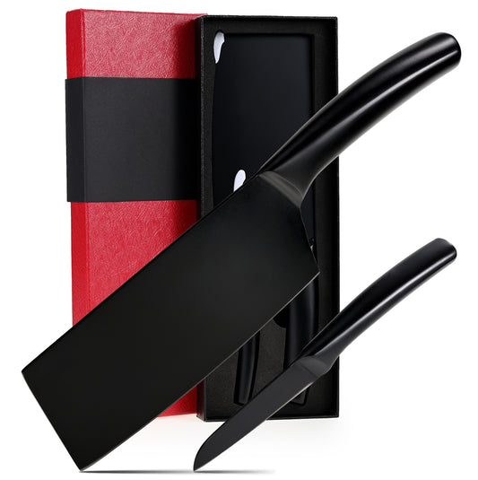 SHI BA ZI ZUO Meat Cleaver and Fruit Knife,2 Pieces Kitchen Knife Set,Black Ti Coating Cleaver Knife Slicing Knife Paring Knife with Hollow Handle