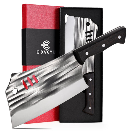 SHI BA ZI ZUO Chopping Knife Forged Cleaver Knife Heavy Duty Kitchen Knife for Meat Cutting with Anti-Slip Wooden Handle