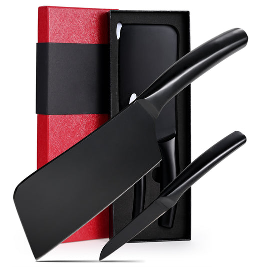 SHI BA ZI ZUO Chopping Knife and Fruit Knife,Black Ti Coating Kitchen Knife Set Meat Bone Chopper Meat Knife Paring Knife with Anti-Slip Hollow Handle